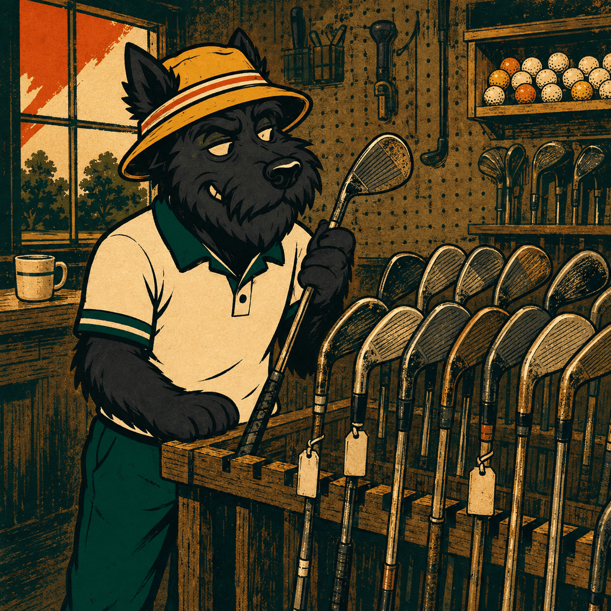 Baffy, a black Scottie in a bucket hat, inspecting a used wedge at a municipal shop rack with prices hanging off the clubs