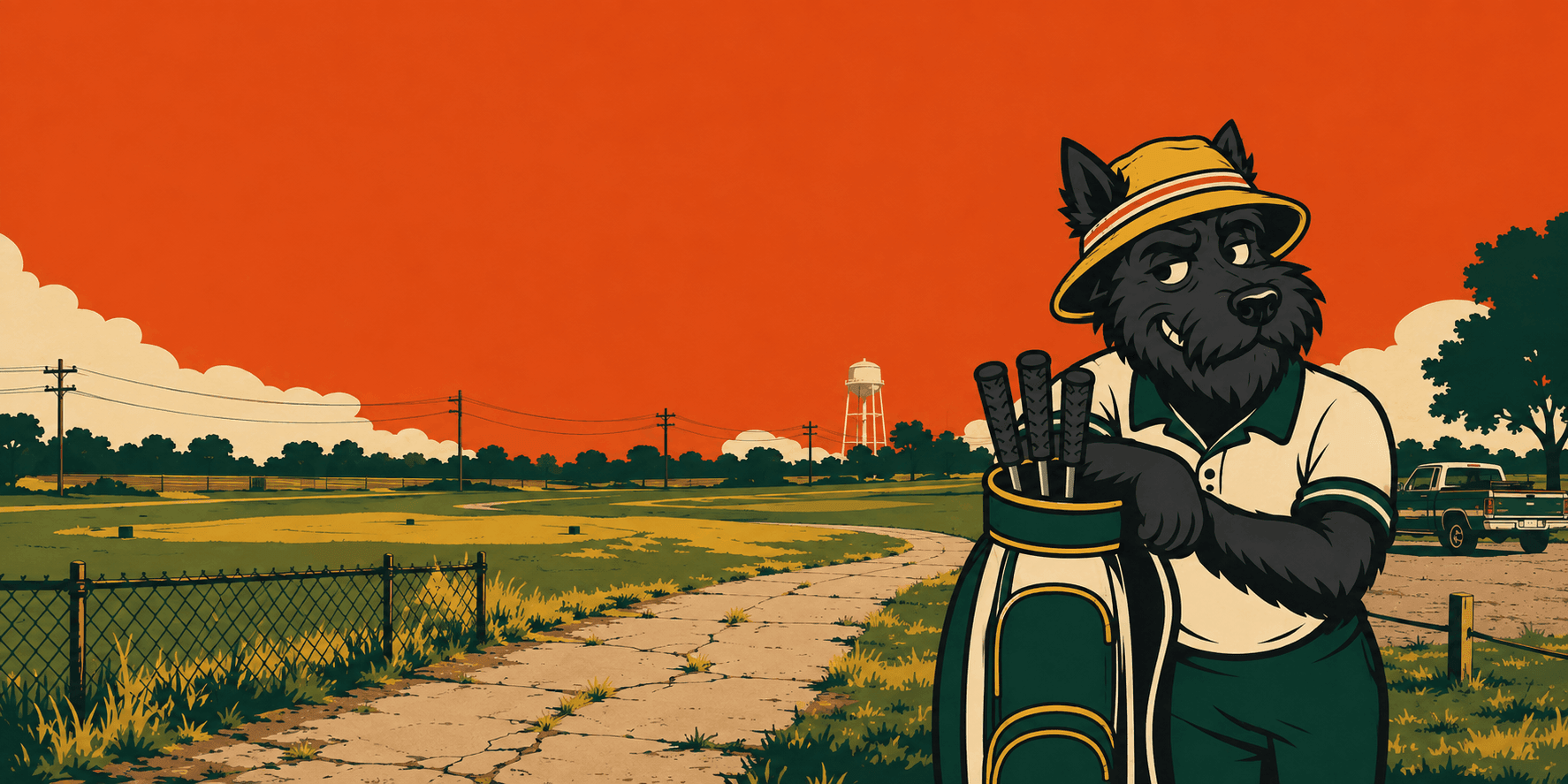 Baffy, a black Scottie in a bucket hat, leaning on his golf bag on a cracked cart path at sunset, chain link and a rusted pickup behind him